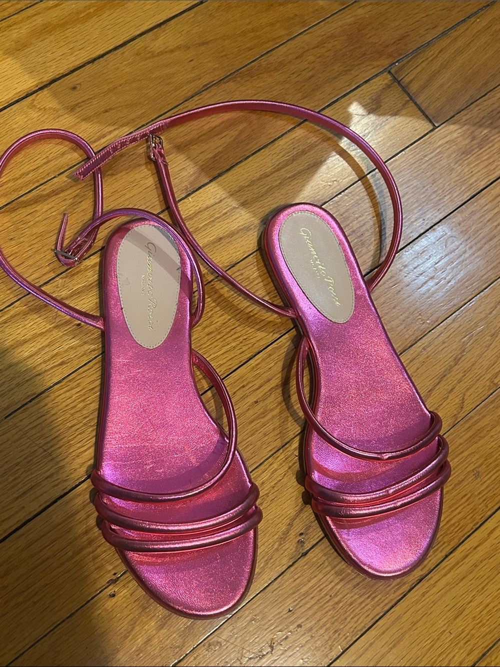 Gianvito Rossi Metallic Pink Strappy Ankle-Tie Sandals